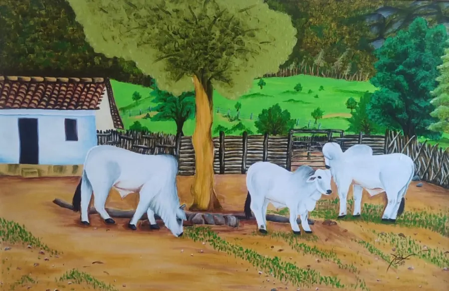 A roça na Bahia onde Luciane passou a infância — pintura de Daiane Alves de Oliveira